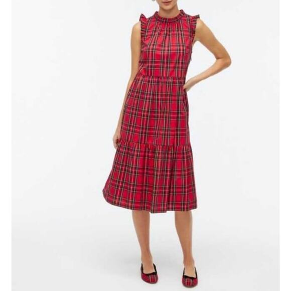 J. Crew Factory Tiered Midi Dress 2 Red Plaid Ruffle Neck Pockets Cotton Holiday - Picture 1 of 12